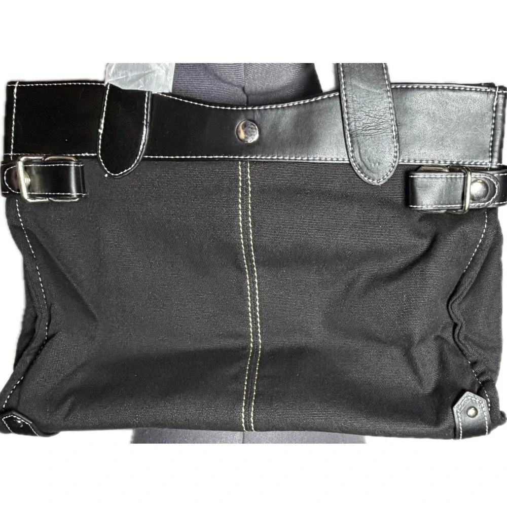 Vtg Y2K Black Canvas Faux Leather Trim  Tote Bag Contrast Stitching Shoulder Bag